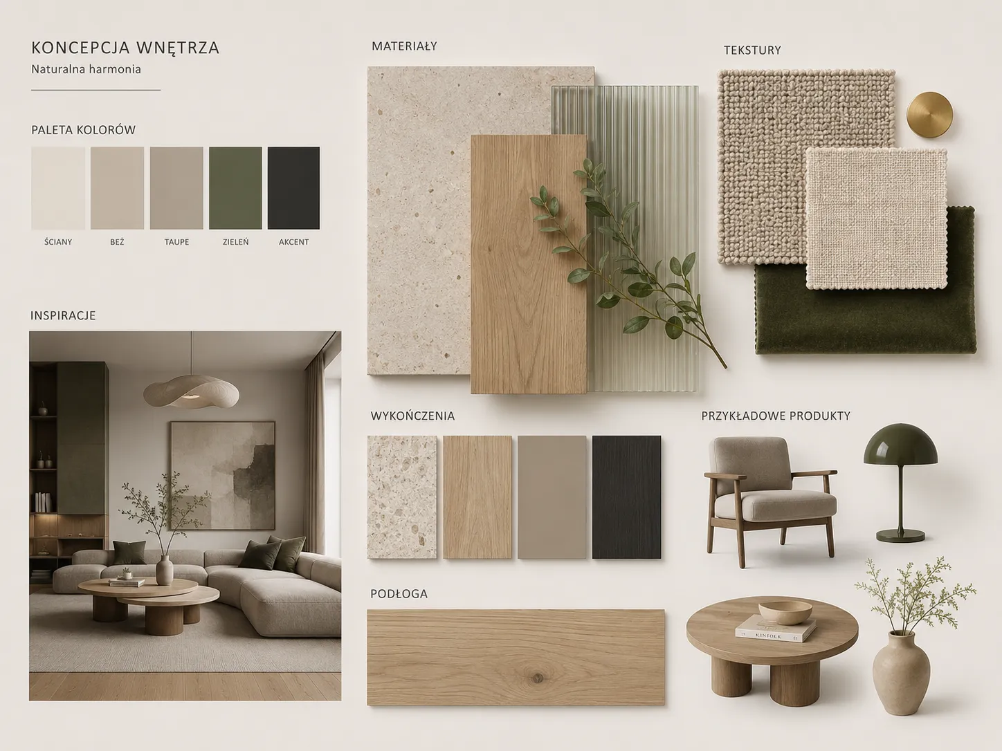 projektowanie wnętrz online — moodboard koncepcyjny z doborem kolorów, materiałów i mebli do projektu wnętrza