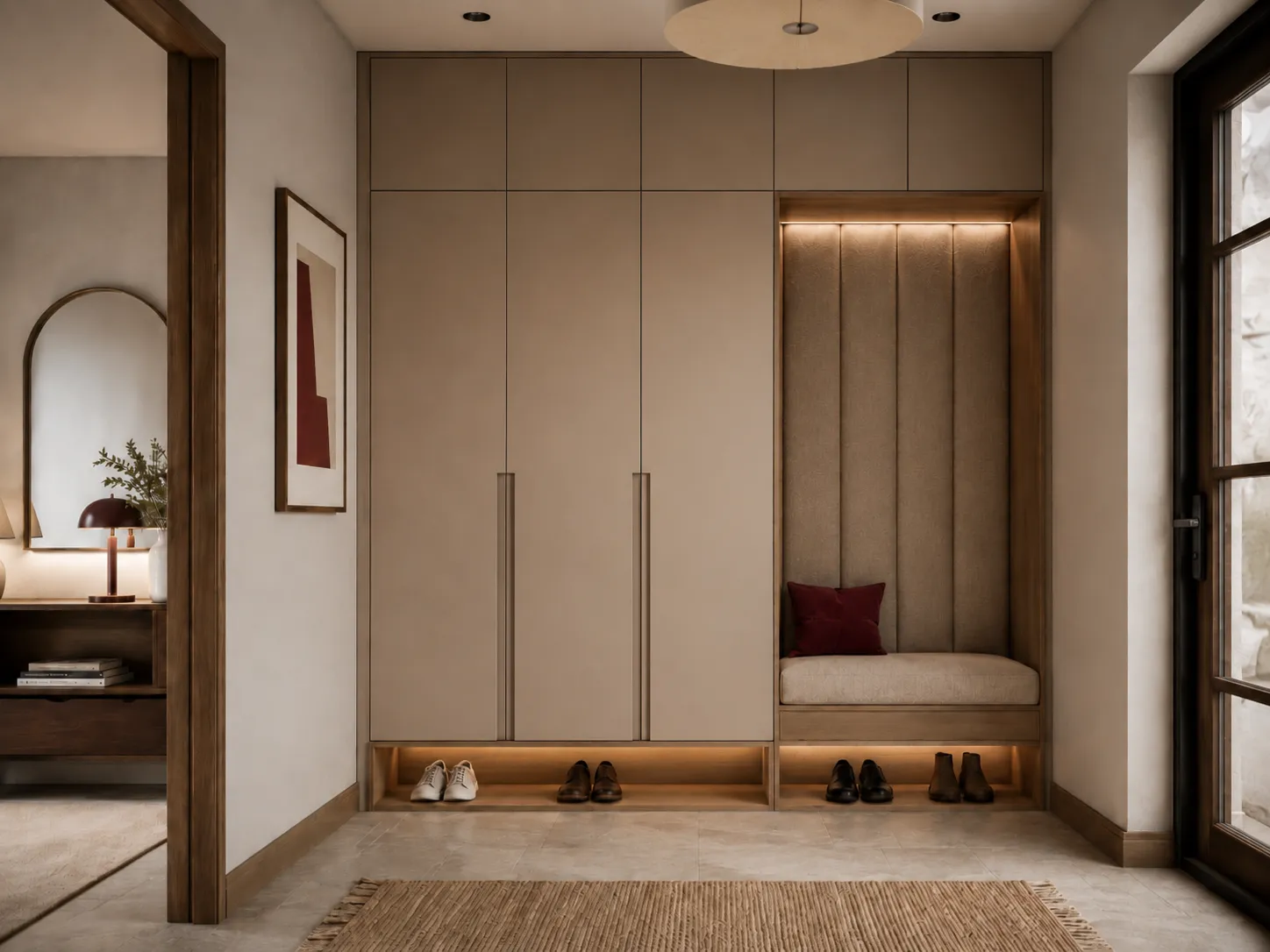 zorganizowana strefa wejściowa z miejscem na ubrania i buty