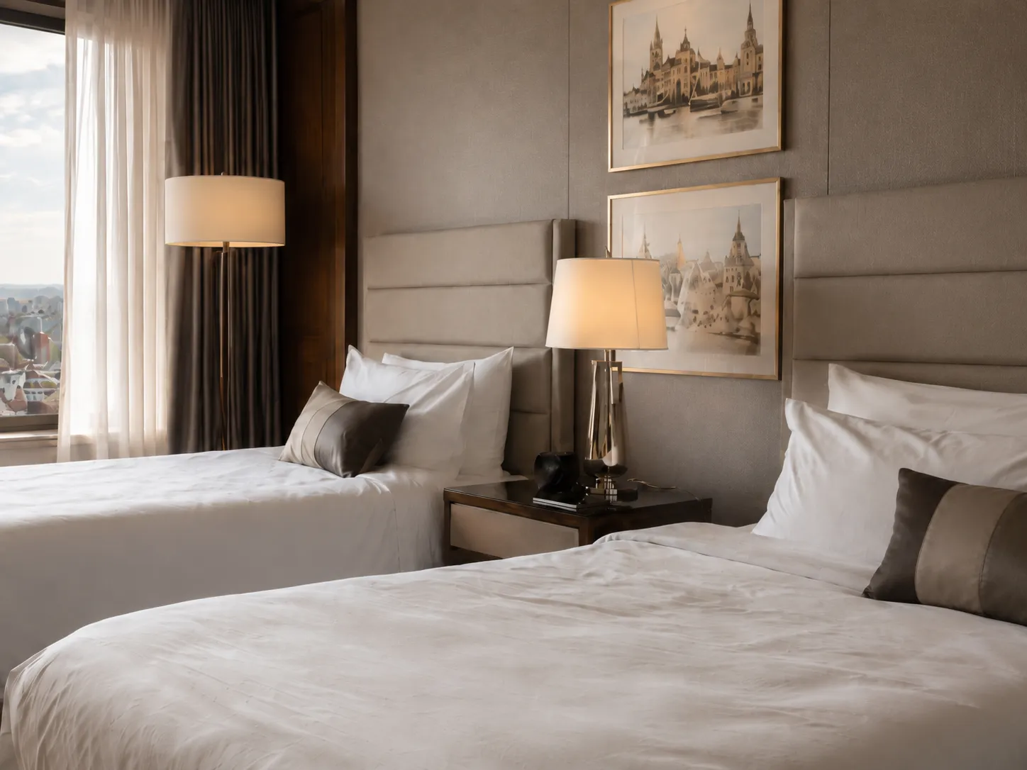 Detal łóżek i oświetlenia — apartament hotelowy premium Wrocław