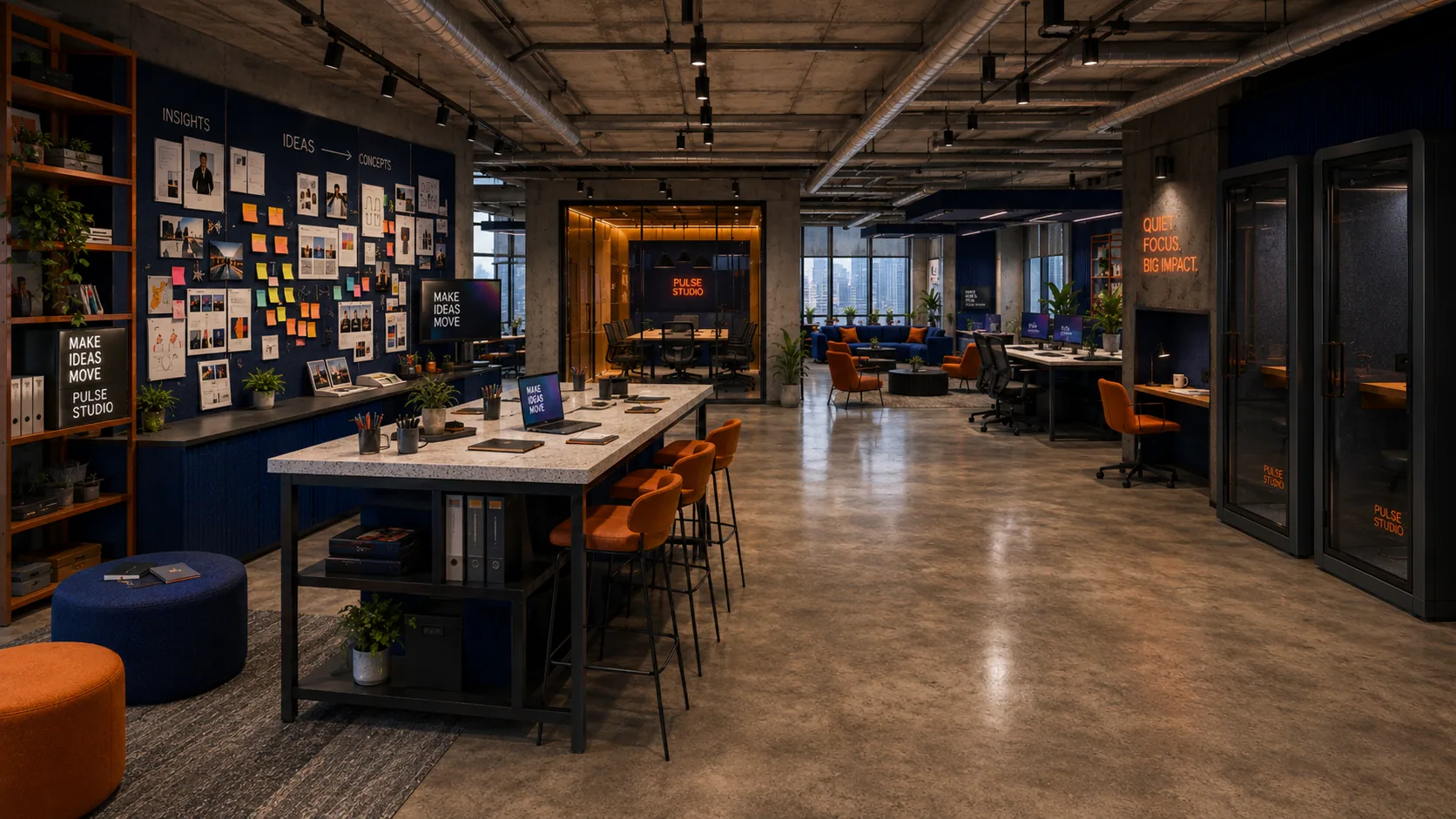 Pulse Studio — strefa warsztatowa z moodboardem i stołem konferencyjnym