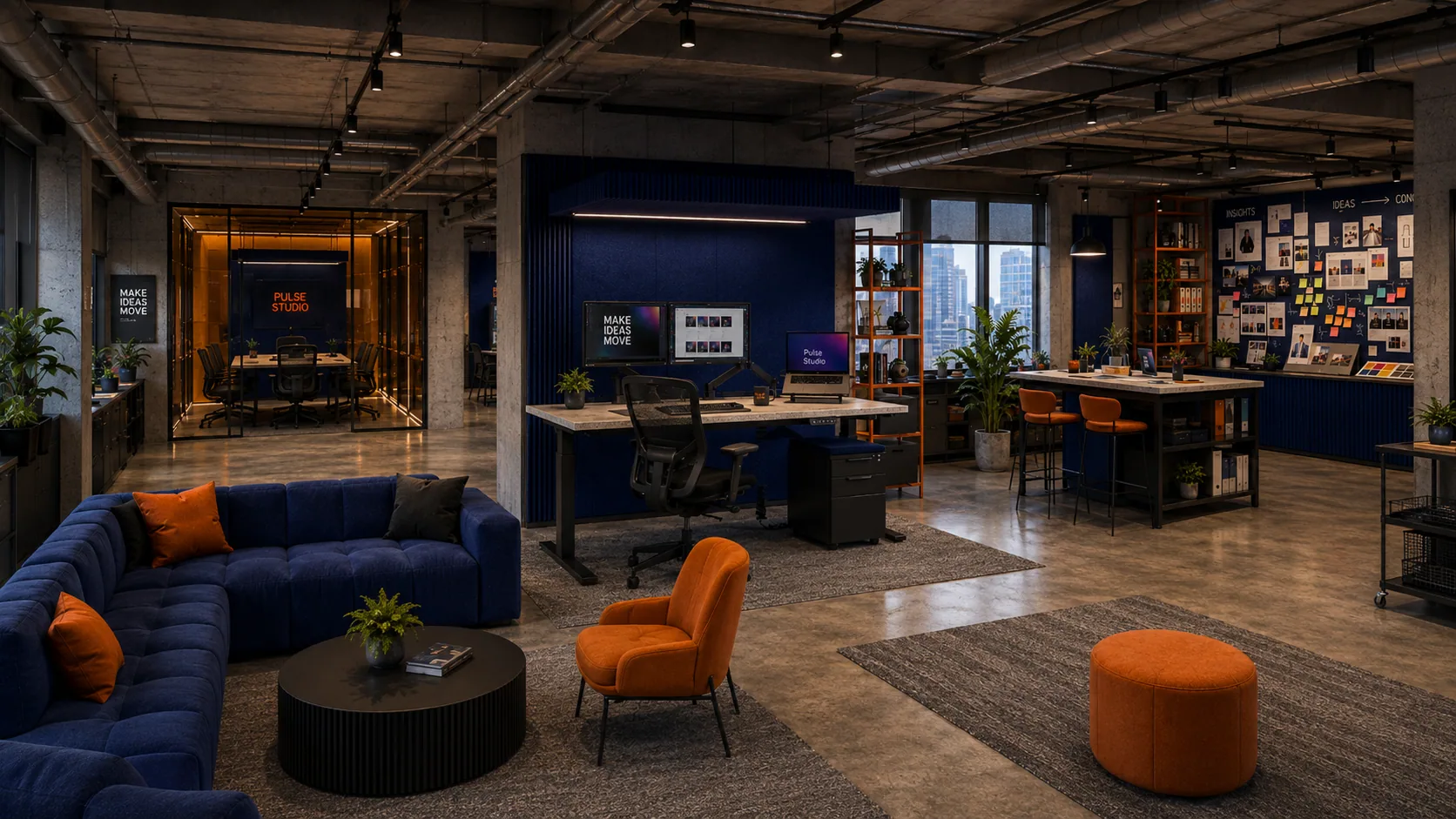 Pulse Studio — strefa lounge i open space, perspektywa boczna